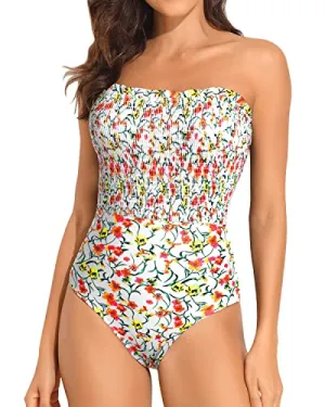 Womens One Piece Bandeau Swimsuit Slimming Twist Front Swimwear-White Floral