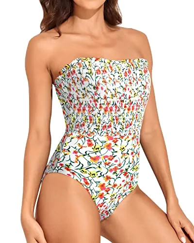 Womens One Piece Bandeau Swimsuit Slimming Twist Front Swimwear-White Floral