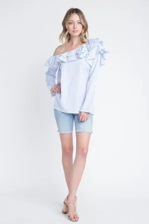 Women's One Shoulder Stripe Ruffle Top