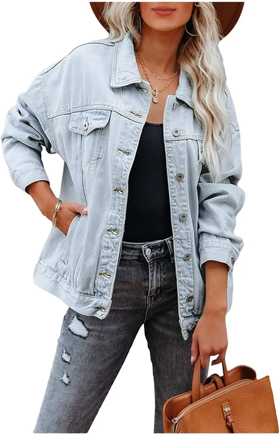 Womens Oversized Jean Jacket Trucker Denim Jackets for Women Shacket