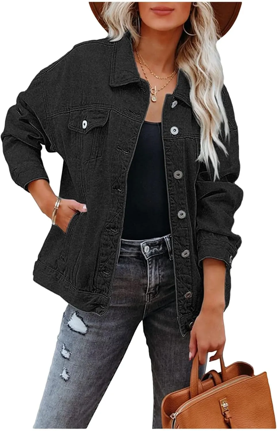Womens Oversized Jean Jacket Trucker Denim Jackets for Women Shacket