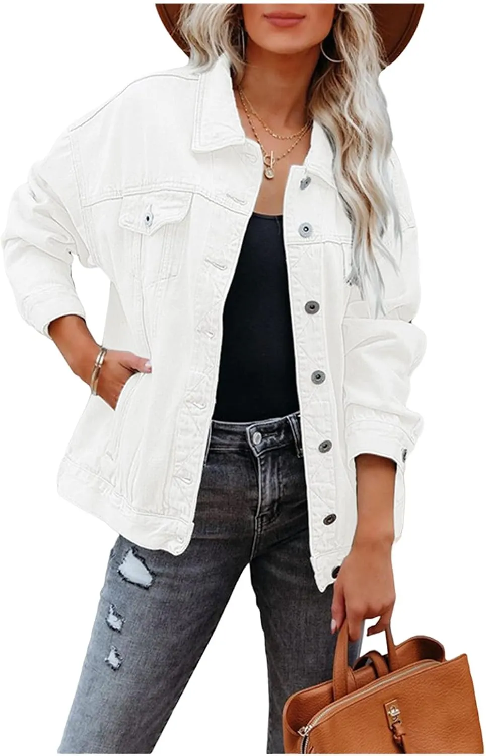 Womens Oversized Jean Jacket Trucker Denim Jackets for Women Shacket