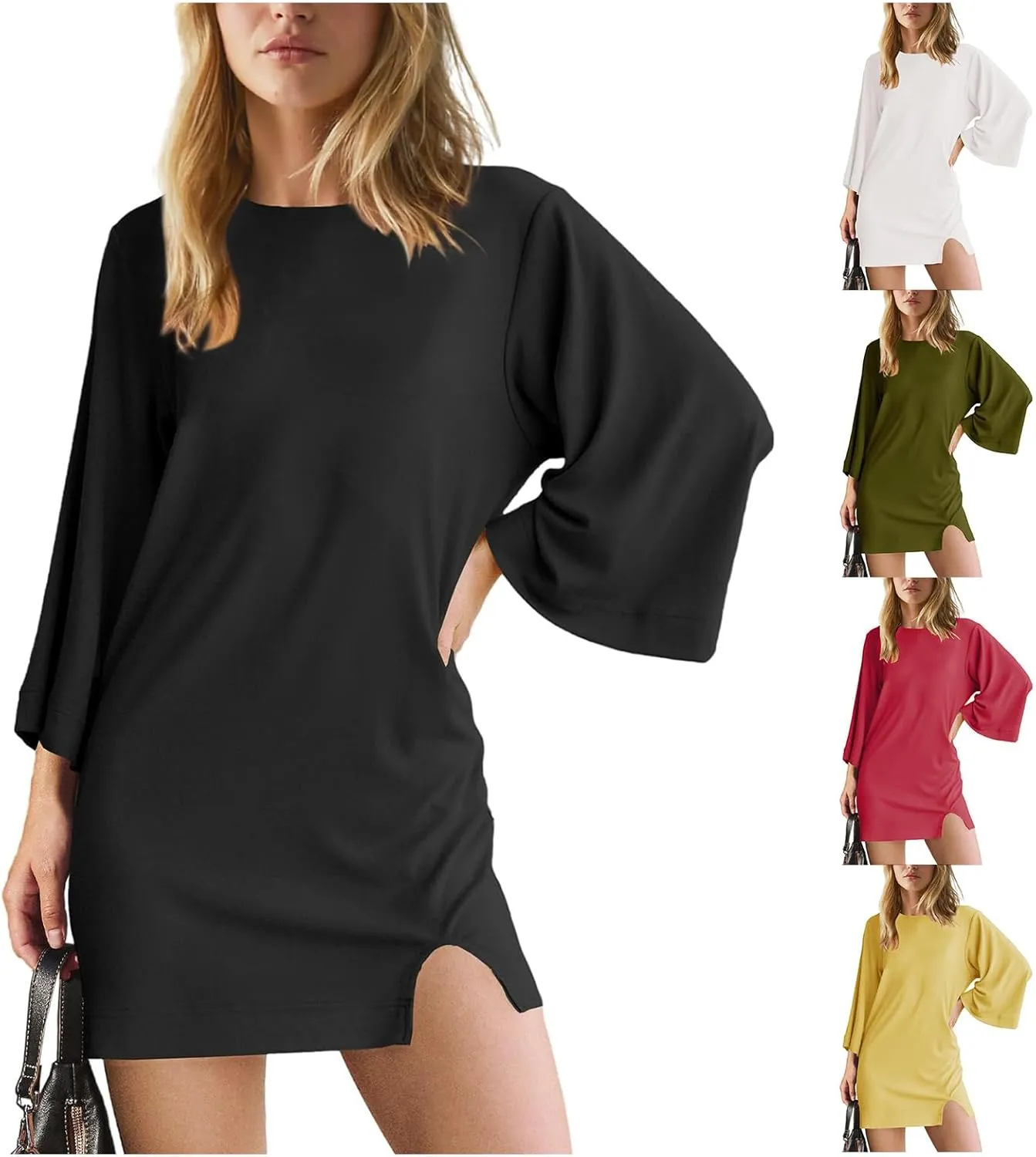 Women's Oversized Round Neck Dress 2025 Summer Casual 3/4 Sleeve Mini Dresses Tunic Travel Outfit