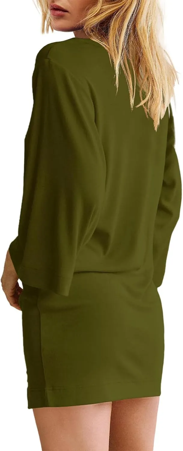 Women's Oversized Round Neck Dress 2025 Summer Casual 3/4 Sleeve Mini Dresses Tunic Travel Outfit