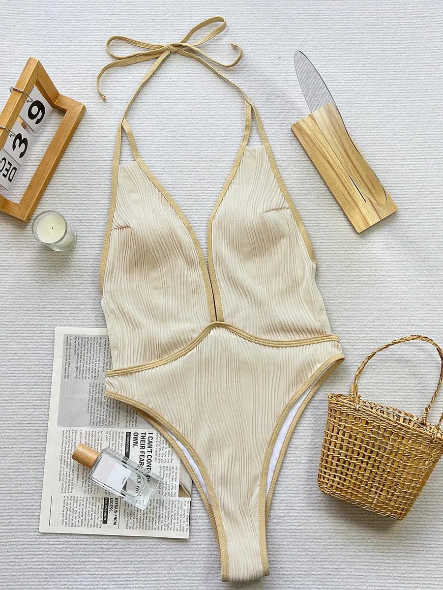 Women's Plunge Halter Beachwear - Beige One-Piece Swimsuit