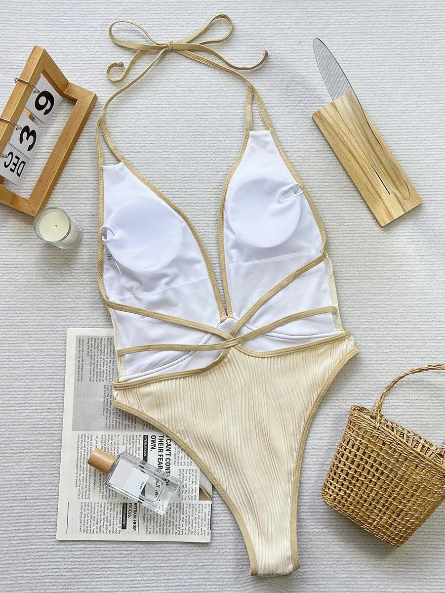Women's Plunge Halter Beachwear - Beige One-Piece Swimsuit