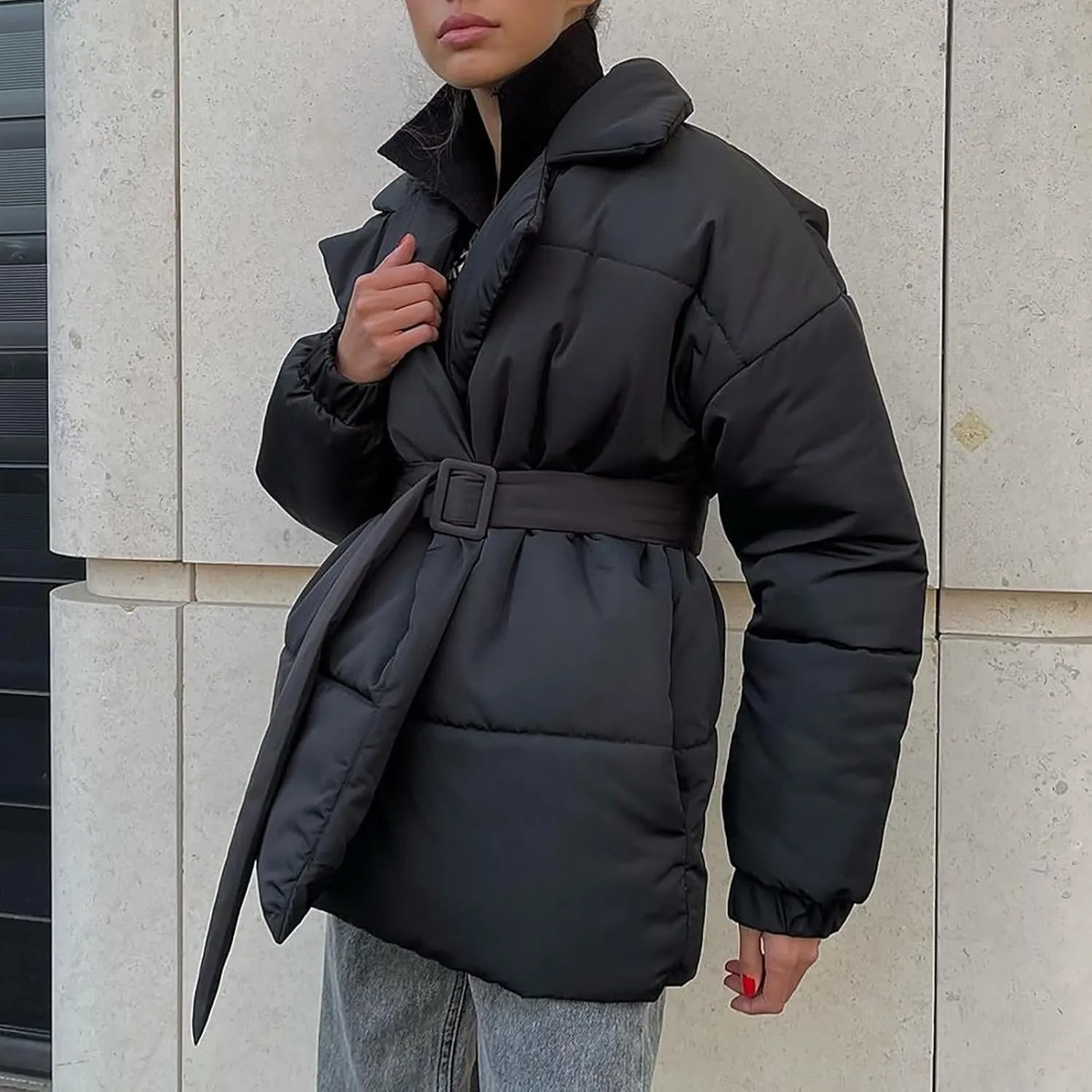 Women's Quilted Puffer Jackets Oversized Long Sleeve Lapel Zip Open Front Puffy Padded Coats Warm Outwear with Belt