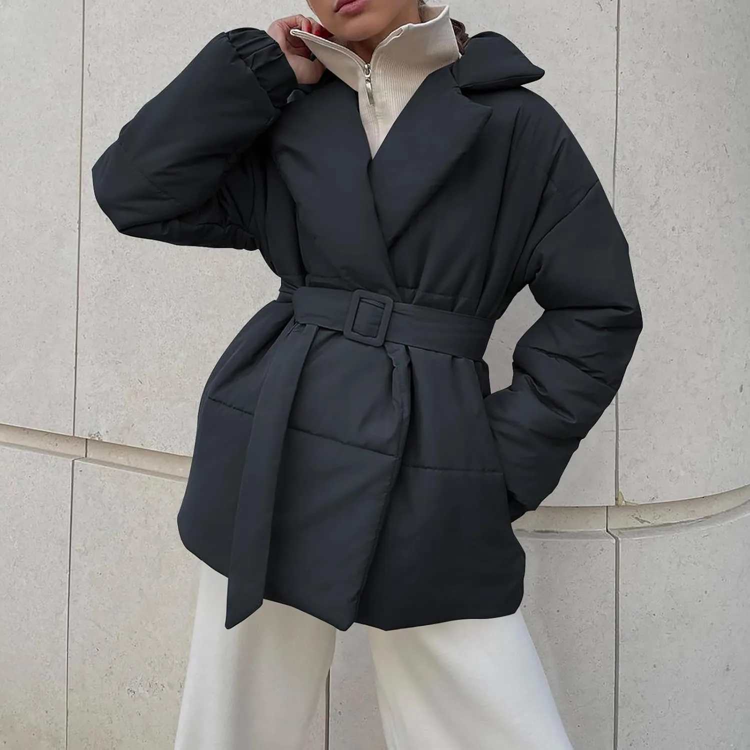 Women's Quilted Puffer Jackets Oversized Long Sleeve Lapel Zip Open Front Puffy Padded Coats Warm Outwear with Belt