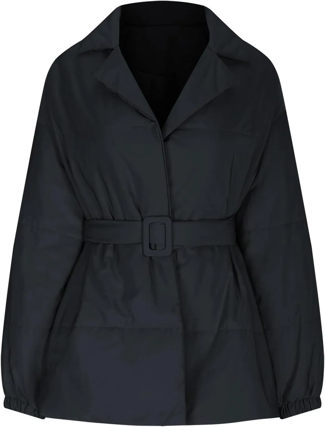 Women's Quilted Puffer Jackets Oversized Long Sleeve Lapel Zip Open Front Puffy Padded Coats Warm Outwear with Belt