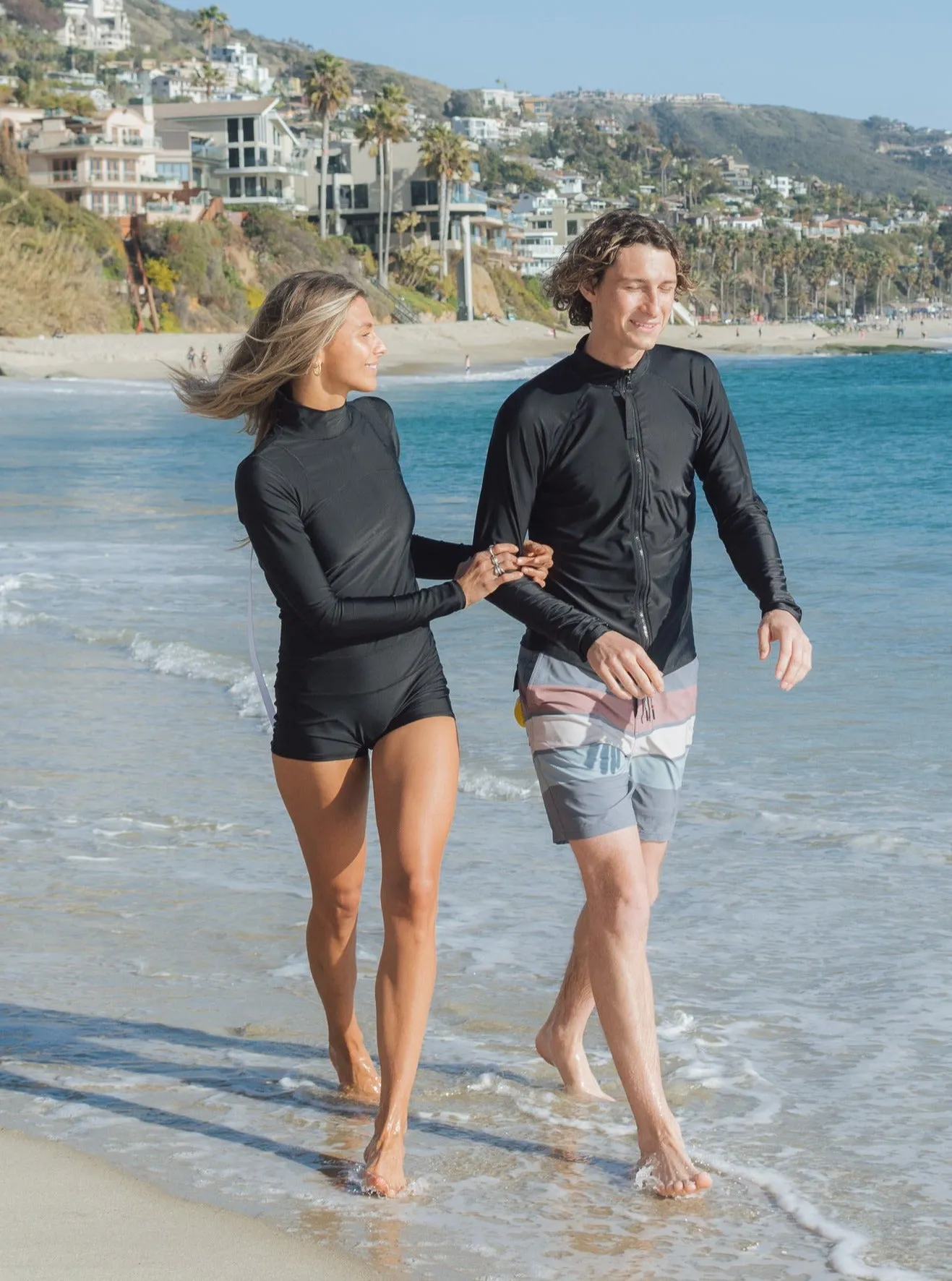 WOMEN'S "CLASSIC" UPF 50  SUN PROTECTIVE SHORT SWIMSUIT - BLACK WITH WHITE ZIPPER