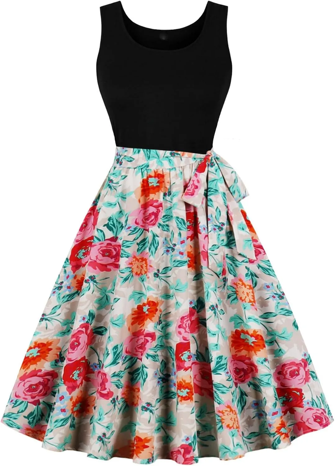 Women's Retro Sleeveless Crewneck Sundress Audrey Hepburn Style Cocktail Dress Patchwork Print A-Line Swing Dress