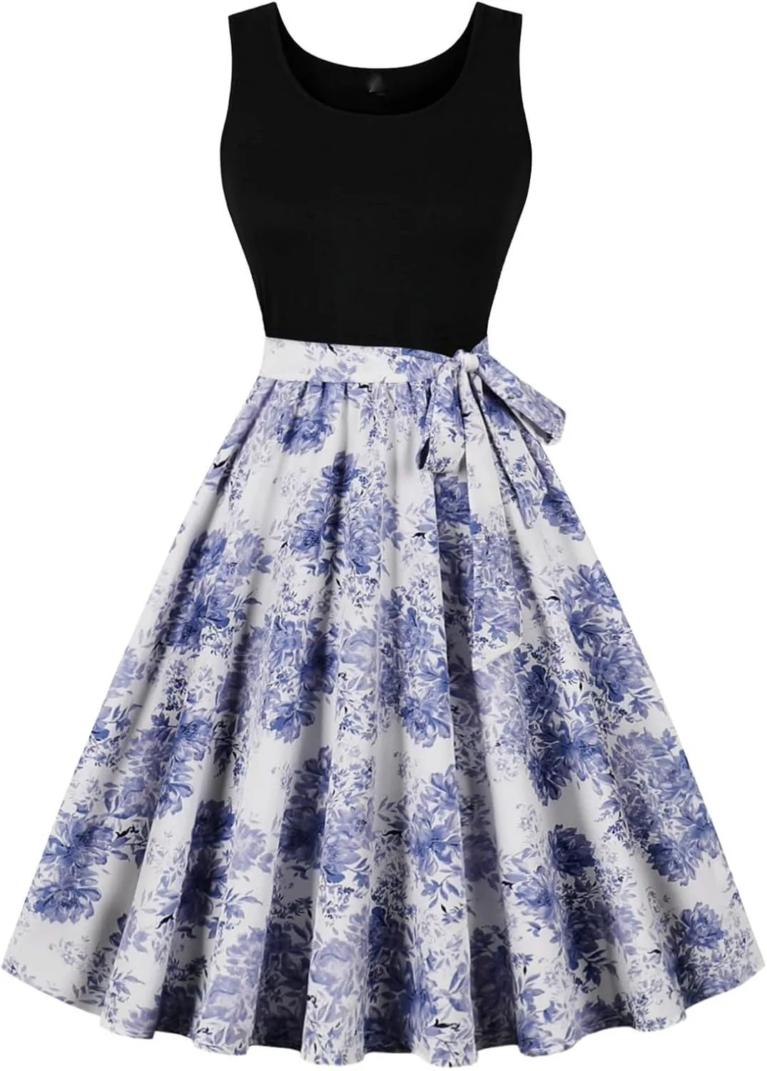 Women's Retro Sleeveless Crewneck Sundress Audrey Hepburn Style Cocktail Dress Patchwork Print A-Line Swing Dress