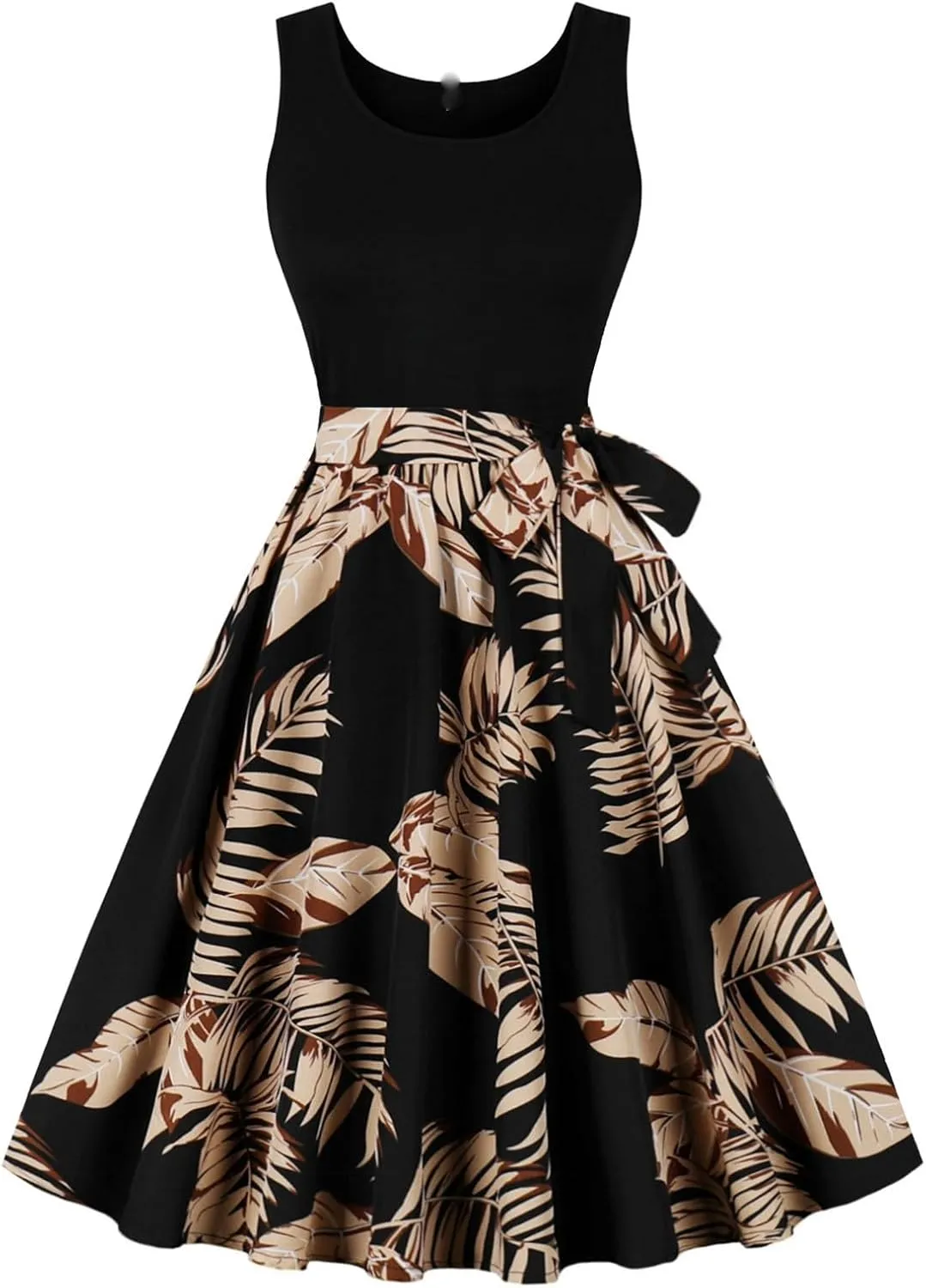 Women's Retro Sleeveless Crewneck Sundress Audrey Hepburn Style Cocktail Dress Patchwork Print A-Line Swing Dress