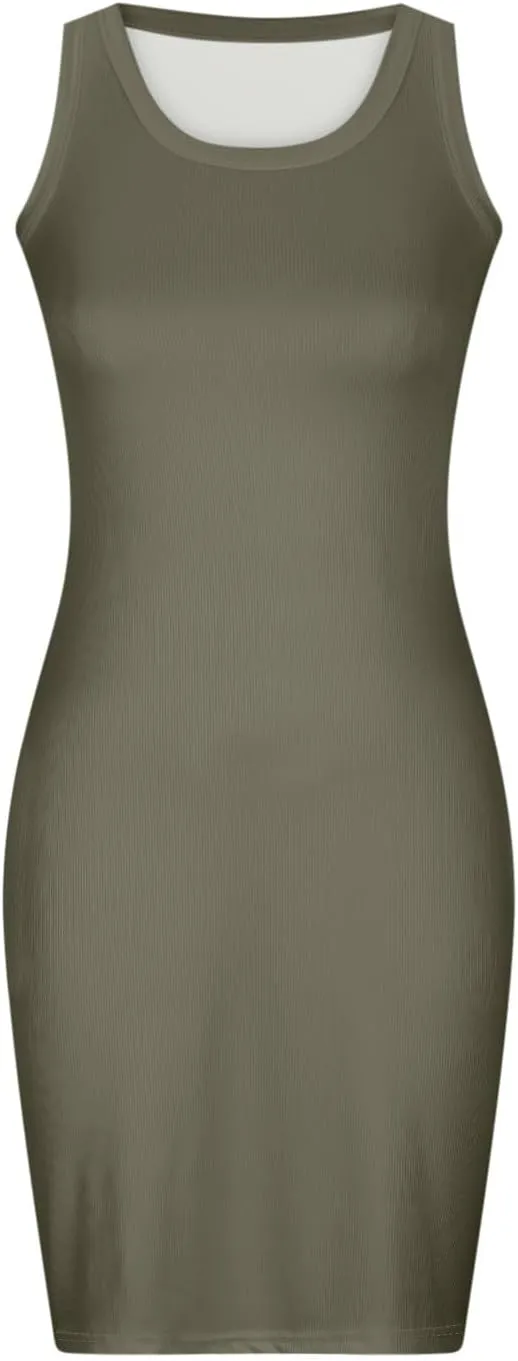 Women's Ribbed Knit Mini Dresses Sexy Bodycon Sleeveless Tank Dress Solid Crewneck Casual Tummy Control Dresses