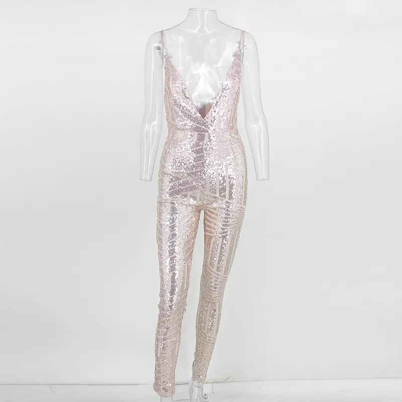 Women's Sequin Sleeveless Striped V-Neck Jumpsuit