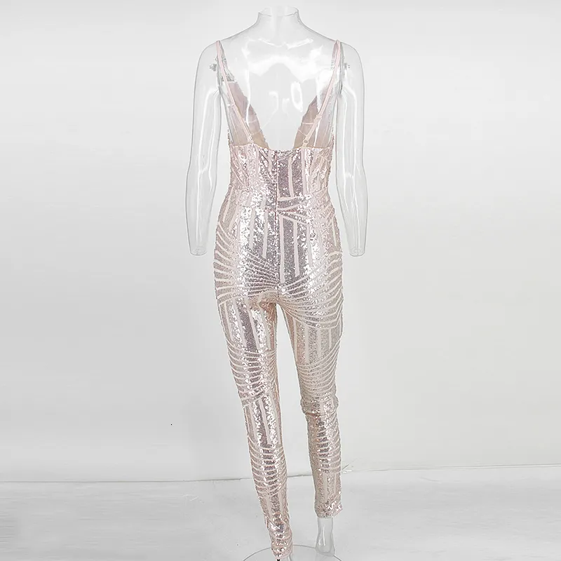 Women's Sequin Sleeveless Striped V-Neck Jumpsuit