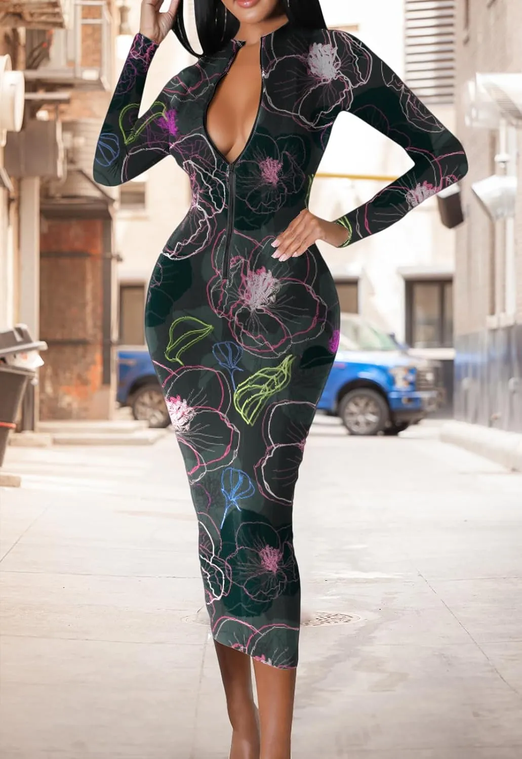 Women's Sexy Bodycon Midi Dress Long Sleeve Zipper Stretchy Printed Party Dresses
