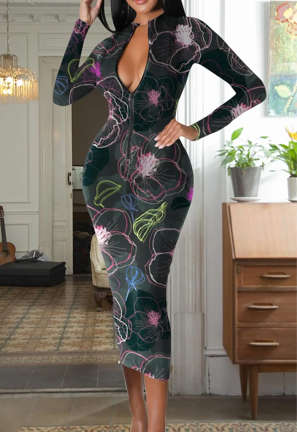 Women's Sexy Bodycon Midi Dress Long Sleeve Zipper Stretchy Printed Party Dresses
