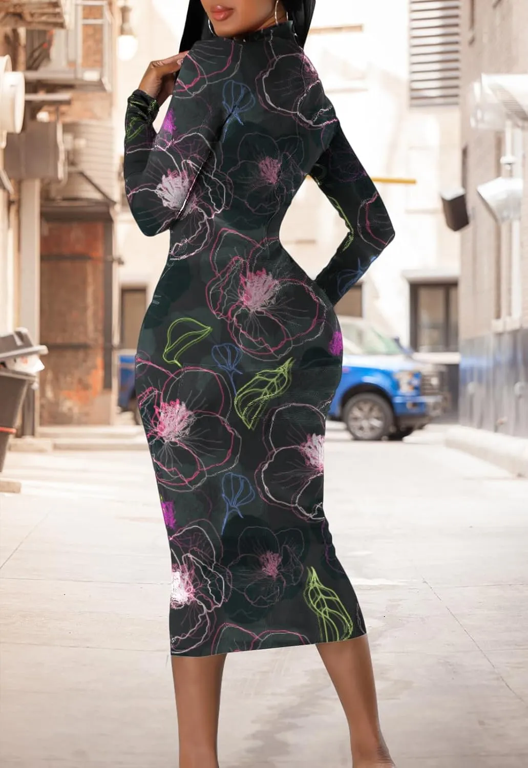 Women's Sexy Bodycon Midi Dress Long Sleeve Zipper Stretchy Printed Party Dresses