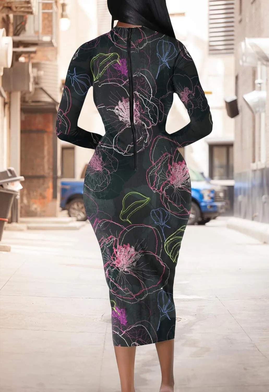 Women's Sexy Bodycon Midi Dress Long Sleeve Zipper Stretchy Printed Party Dresses