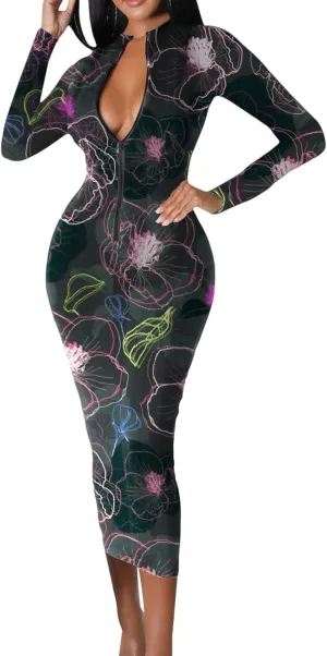 Women's Sexy Bodycon Midi Dress Long Sleeve Zipper Stretchy Printed Party Dresses