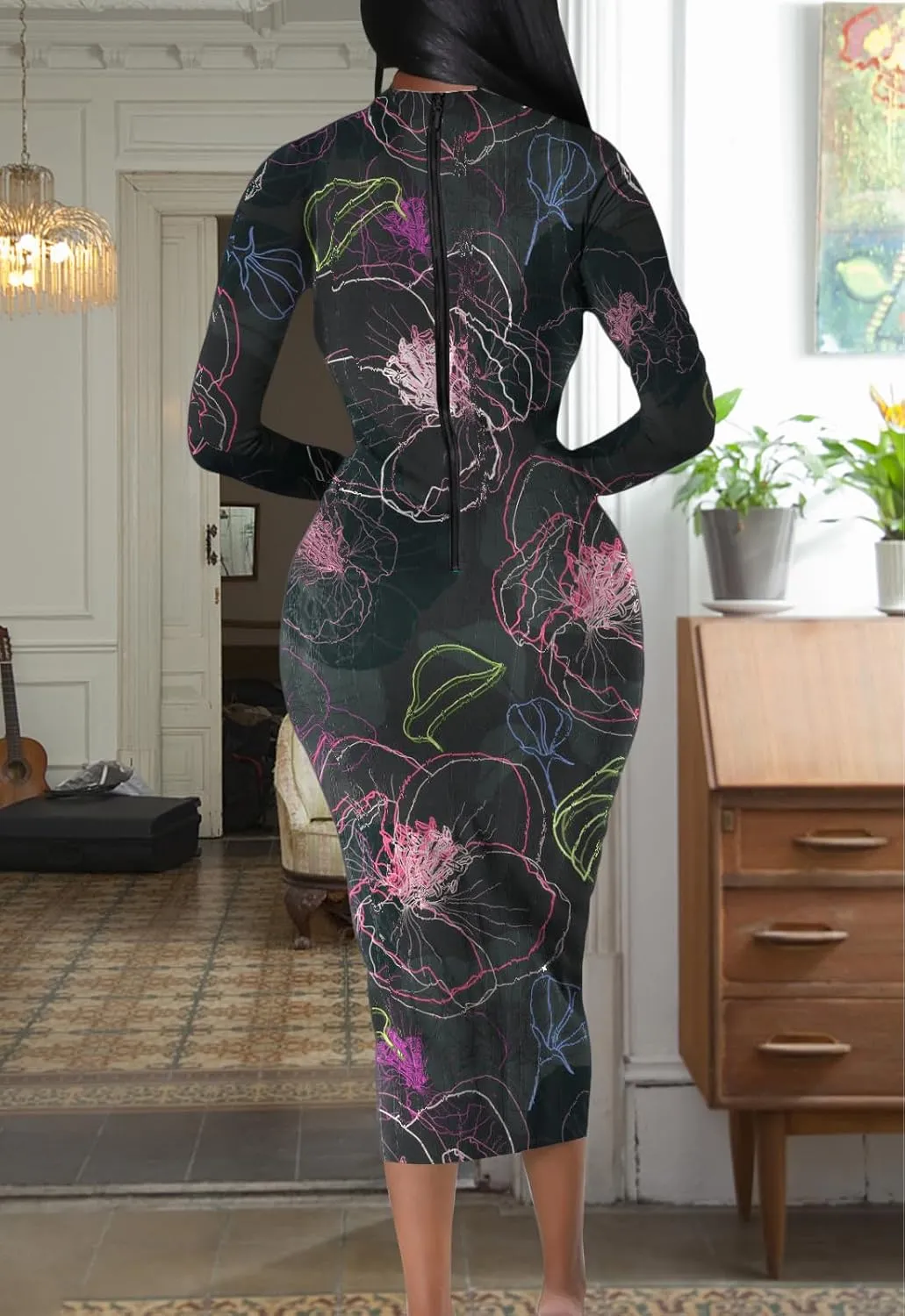 Women's Sexy Bodycon Midi Dress Long Sleeve Zipper Stretchy Printed Party Dresses