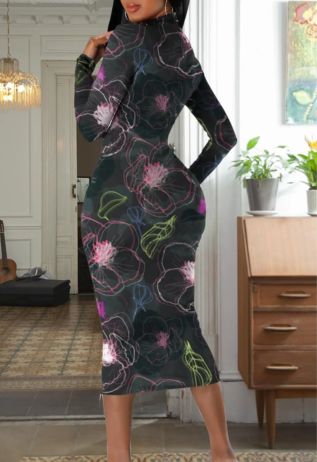 Women's Sexy Bodycon Midi Dress Long Sleeve Zipper Stretchy Printed Party Dresses