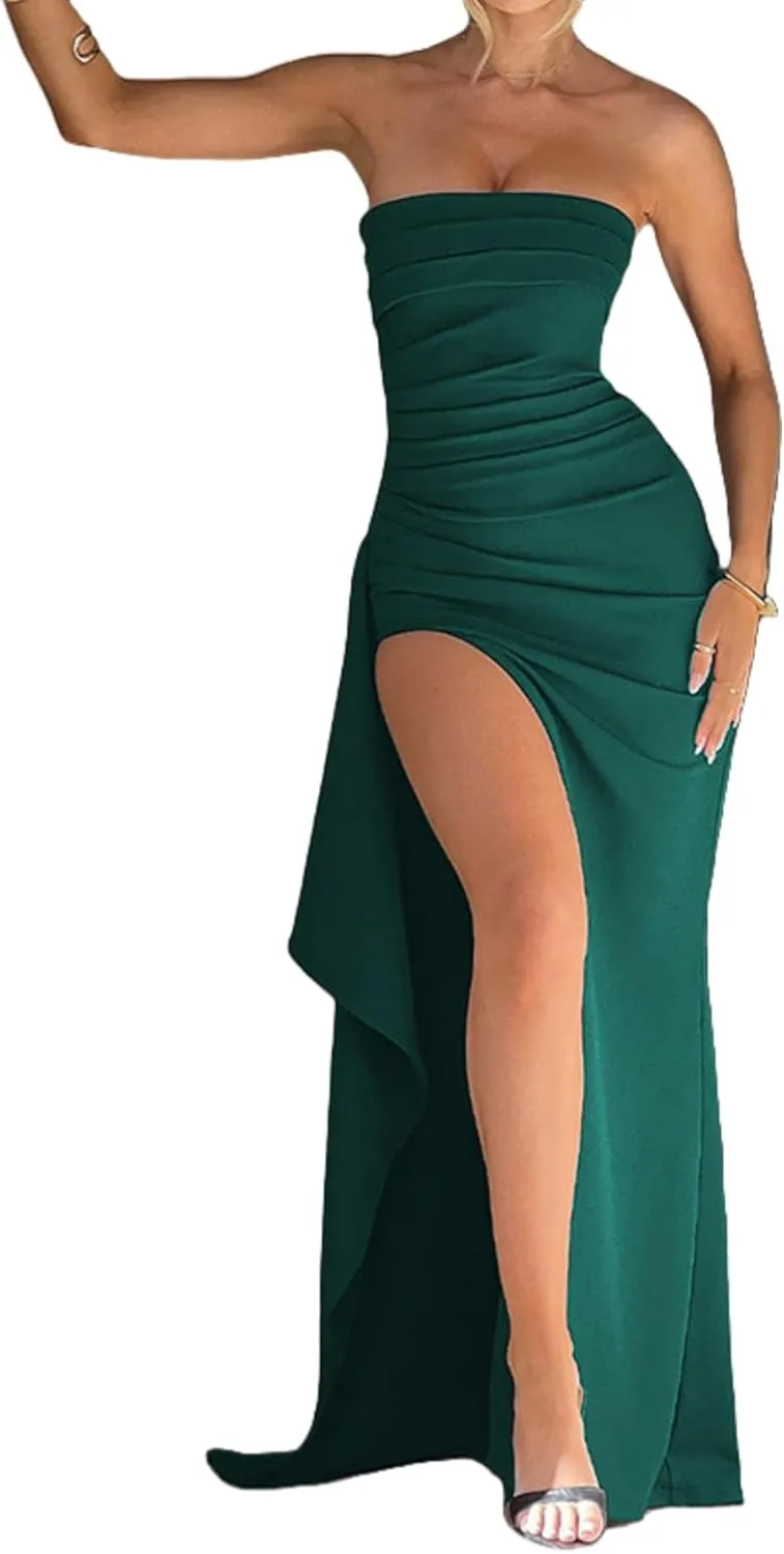 Women's Sexy Strapless Backless High Split Long Maxi Dress Ruched Off Shoulder Sleeveless Bodycon Party Cocktail Dresses