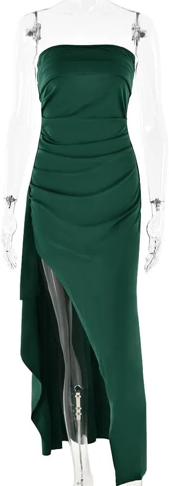 Women's Sexy Strapless Backless High Split Long Maxi Dress Ruched Off Shoulder Sleeveless Bodycon Party Cocktail Dresses