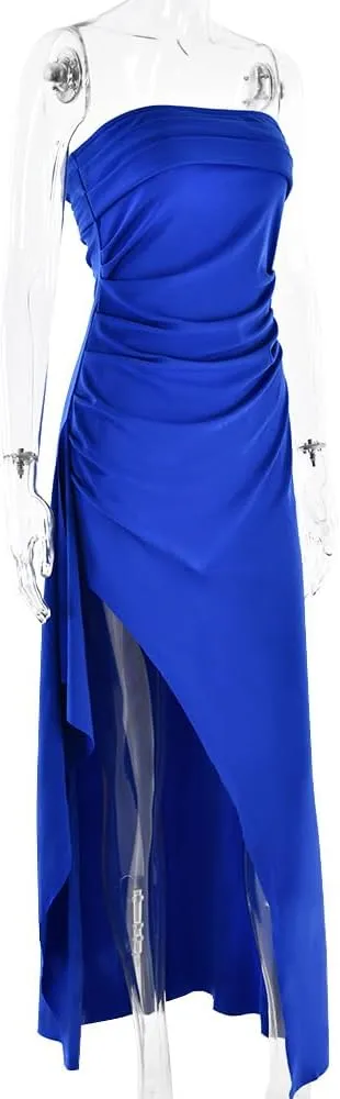 Women's Sexy Strapless Backless High Split Long Maxi Dress Ruched Off Shoulder Sleeveless Bodycon Party Cocktail Dresses