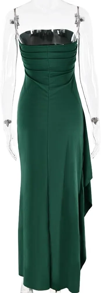 Women's Sexy Strapless Backless High Split Long Maxi Dress Ruched Off Shoulder Sleeveless Bodycon Party Cocktail Dresses