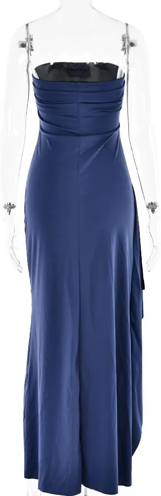 Women's Sexy Strapless Backless High Split Long Maxi Dress Ruched Off Shoulder Sleeveless Bodycon Party Cocktail Dresses