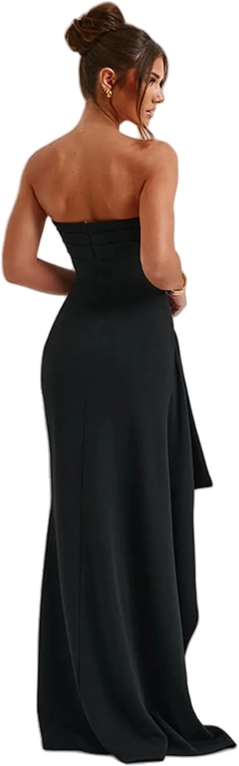 Women's Sexy Strapless Backless High Split Long Maxi Dress Ruched Off Shoulder Sleeveless Bodycon Party Cocktail Dresses