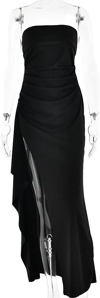 Women's Sexy Strapless Backless High Split Long Maxi Dress Ruched Off Shoulder Sleeveless Bodycon Party Cocktail Dresses