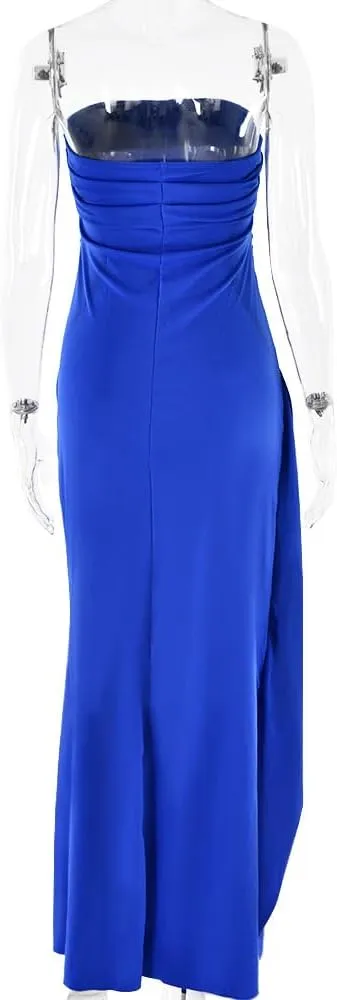 Women's Sexy Strapless Backless High Split Long Maxi Dress Ruched Off Shoulder Sleeveless Bodycon Party Cocktail Dresses