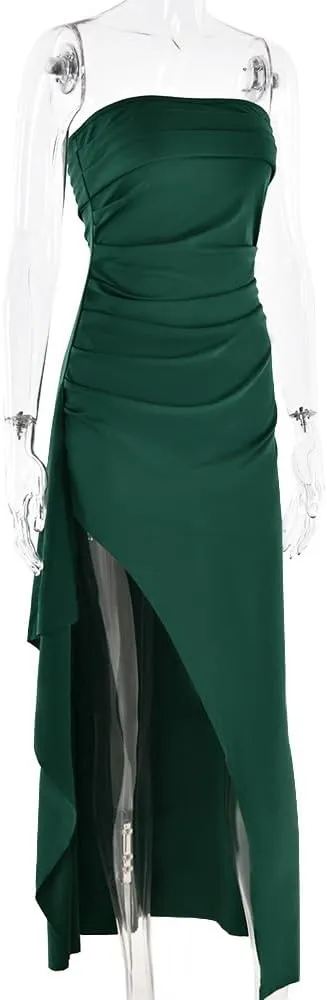 Women's Sexy Strapless Backless High Split Long Maxi Dress Ruched Off Shoulder Sleeveless Bodycon Party Cocktail Dresses