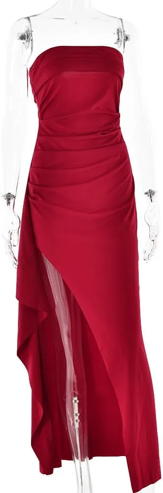 Women's Sexy Strapless Backless High Split Long Maxi Dress Ruched Off Shoulder Sleeveless Bodycon Party Cocktail Dresses