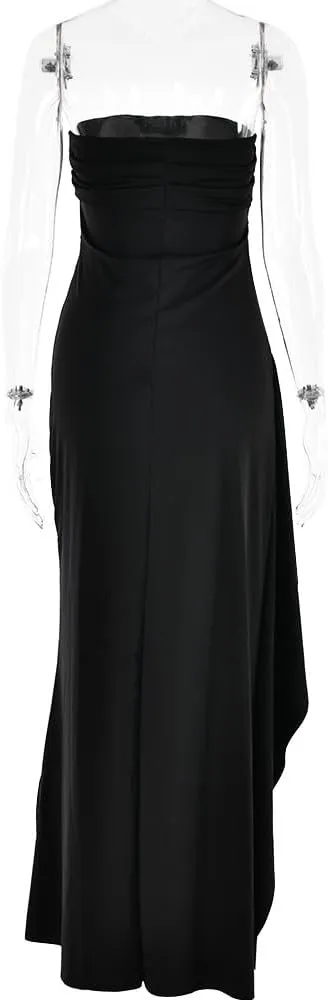 Women's Sexy Strapless Backless High Split Long Maxi Dress Ruched Off Shoulder Sleeveless Bodycon Party Cocktail Dresses