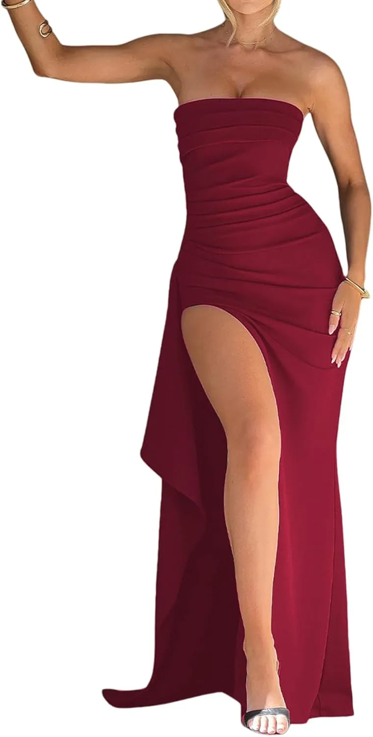 Women's Sexy Strapless Backless High Split Long Maxi Dress Ruched Off Shoulder Sleeveless Bodycon Party Cocktail Dresses