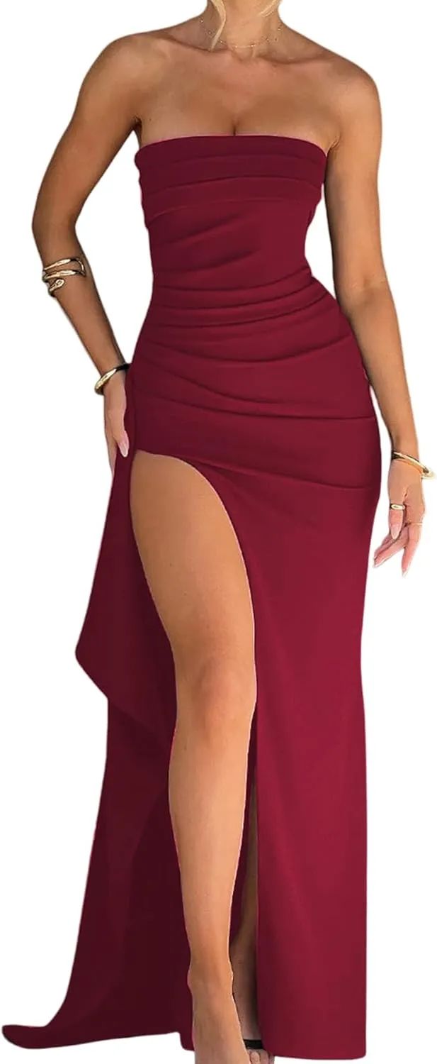 Women's Sexy Strapless Backless High Split Long Maxi Dress Ruched Off Shoulder Sleeveless Bodycon Party Cocktail Dresses