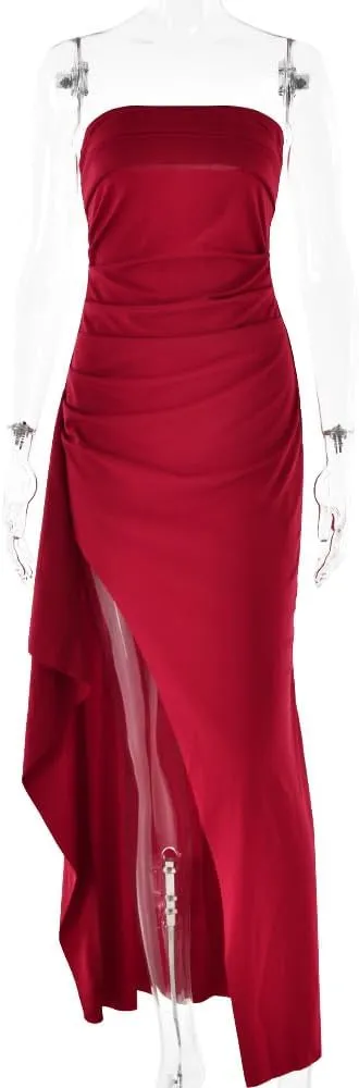 Women's Sexy Strapless Backless High Split Long Maxi Dress Ruched Off Shoulder Sleeveless Bodycon Party Cocktail Dresses