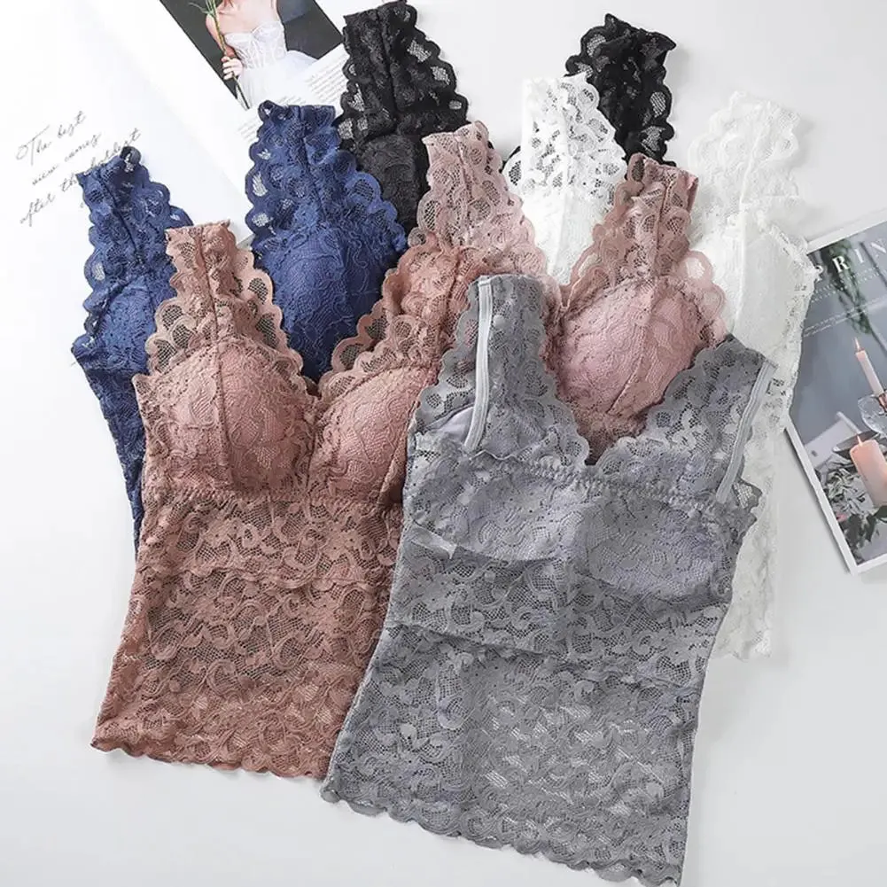 Women's Sheer Lace Tank Top - Thin Padded Beauty Back Bra Vest, Sweet & Casual Stitching Underwear
