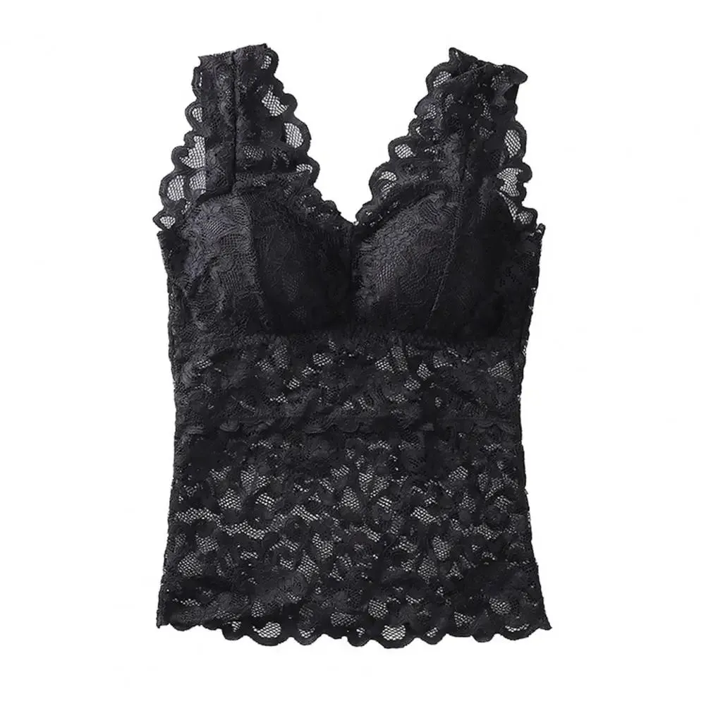 Women's Sheer Lace Tank Top - Thin Padded Beauty Back Bra Vest, Sweet & Casual Stitching Underwear