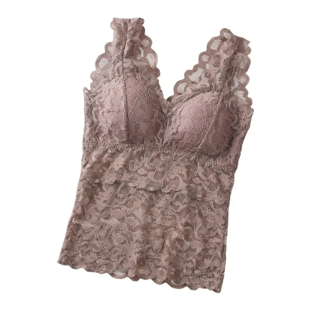 Women's Sheer Lace Tank Top - Thin Padded Beauty Back Bra Vest, Sweet & Casual Stitching Underwear
