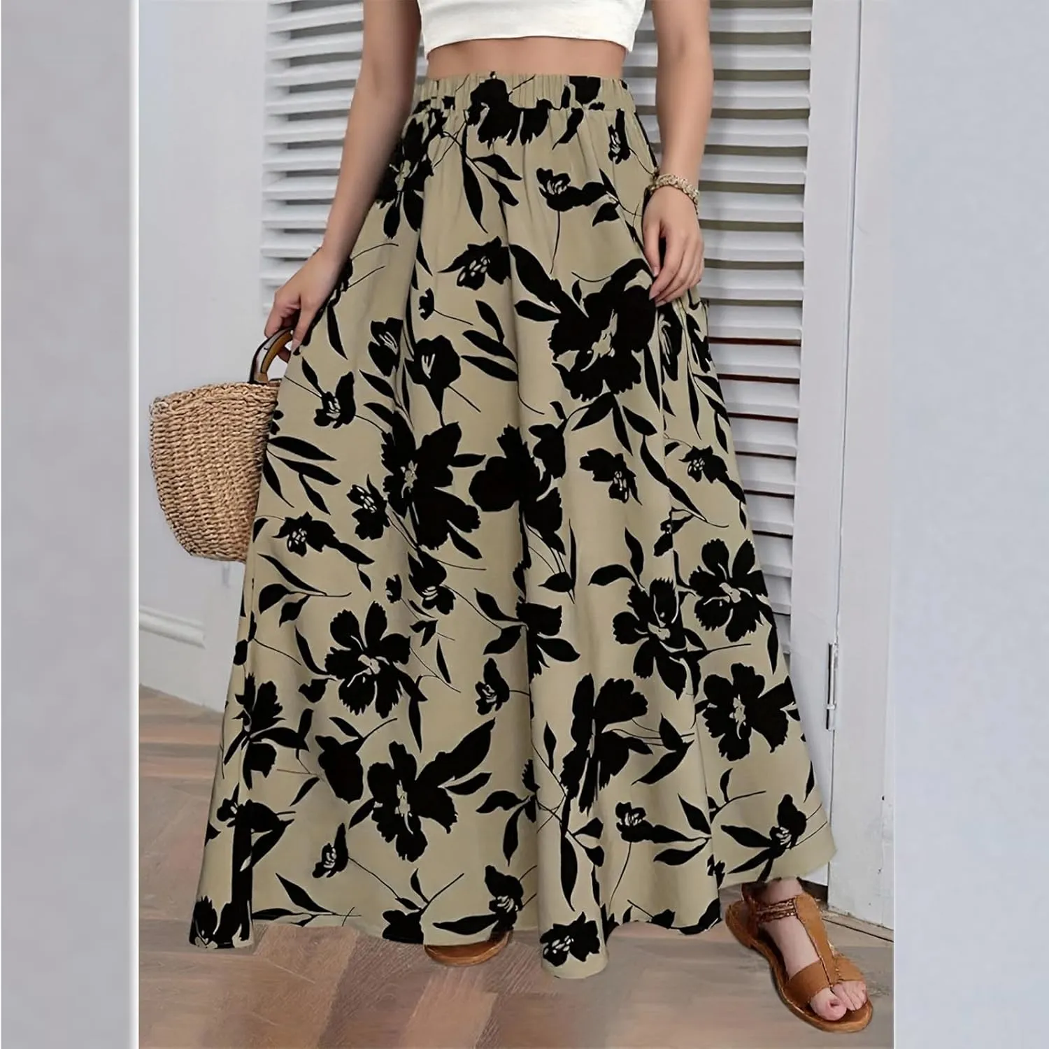 Women's Skirt Summer Elastic Waisted Floral Pleated Boho Beach Flowy Midi Skirts 2025, S-XL