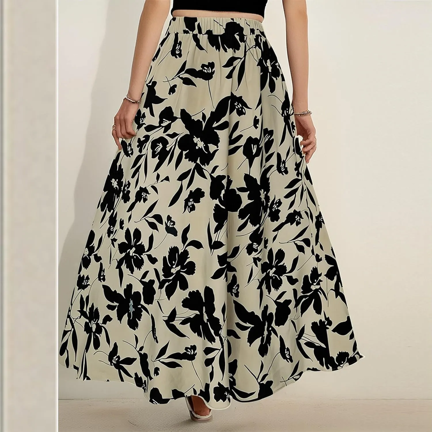 Women's Skirt Summer Elastic Waisted Floral Pleated Boho Beach Flowy Midi Skirts 2025, S-XL
