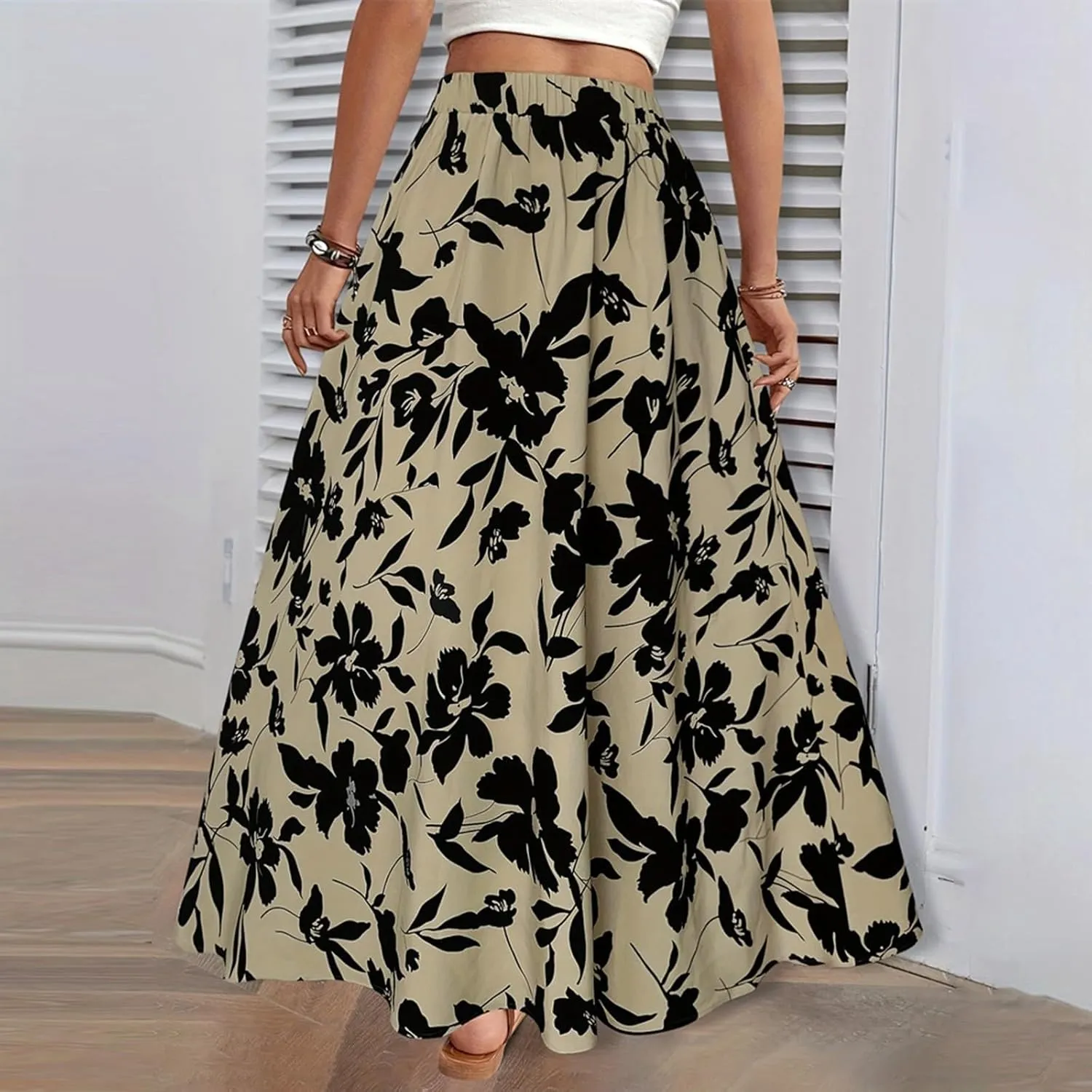 Women's Skirt Summer Elastic Waisted Floral Pleated Boho Beach Flowy Midi Skirts 2025, S-XL