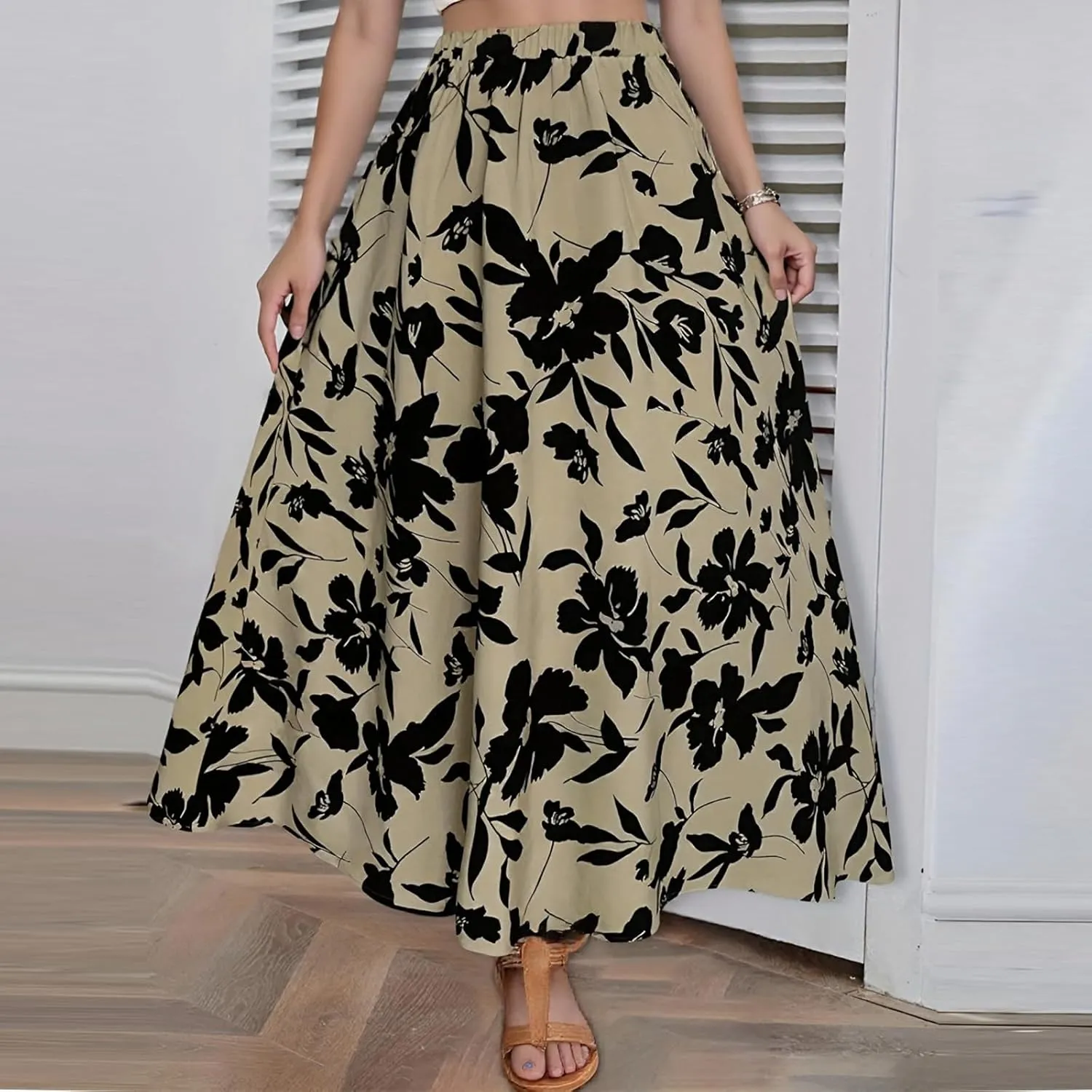 Women's Skirt Summer Elastic Waisted Floral Pleated Boho Beach Flowy Midi Skirts 2025, S-XL