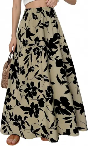 Women's Skirt Summer Elastic Waisted Floral Pleated Boho Beach Flowy Midi Skirts 2025, S-XL
