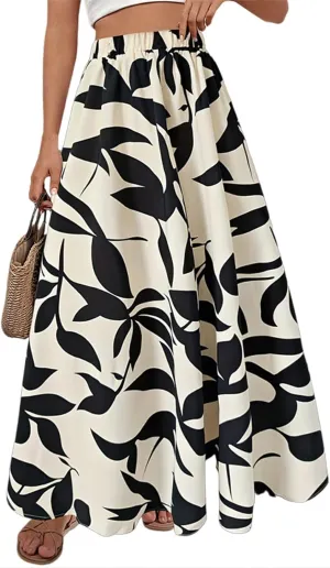 Women's Skirt Summer Elastic Waisted Floral Pleated Boho Beach Flowy Midi Skirts 2025, S-XL